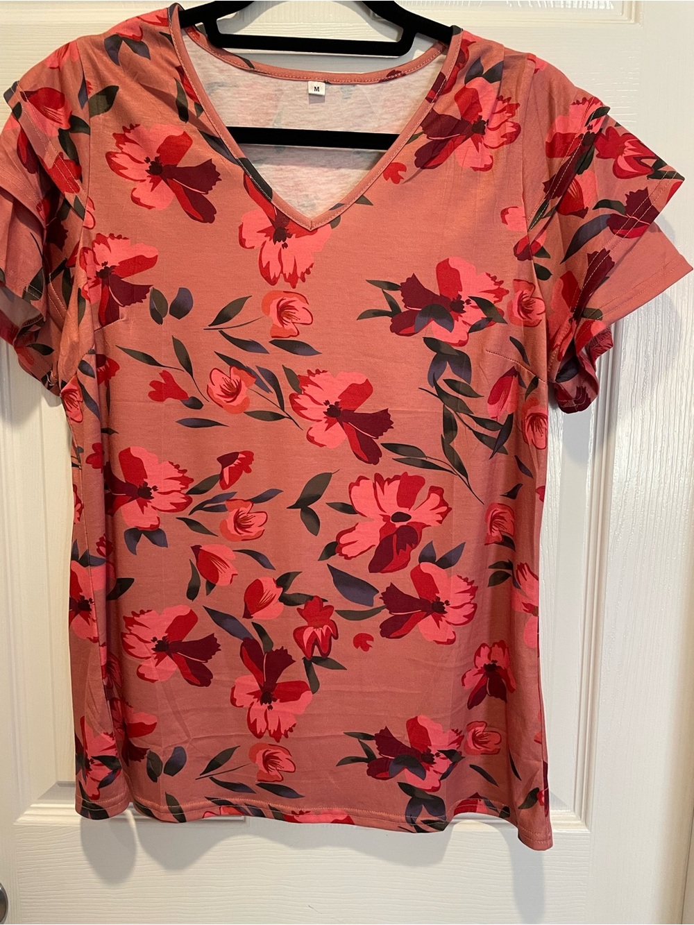 Floral V-Neck Short Sleeve Blouse - Pink/Red